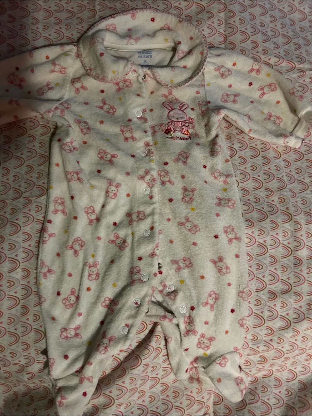 Carter's Cream Fleece Footed One-Piece with Pink Bunny Print